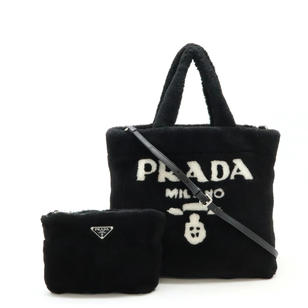Prada Terry Tote Bag Shoulder Montone Shearling NERO Black BIANCO White